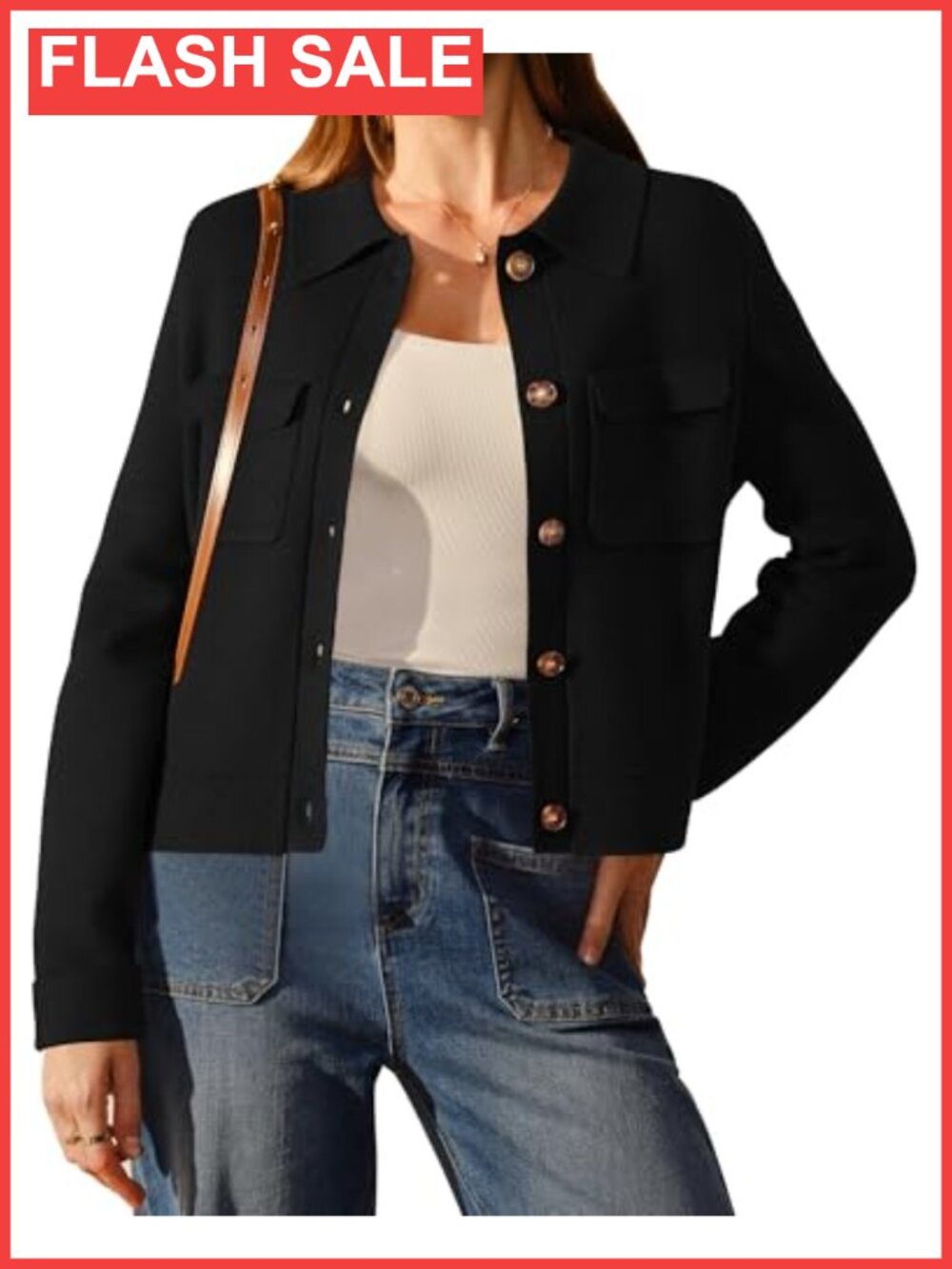 Wool Blend Cropped Cardigan Shacket Button Front Flap Pockets